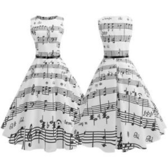 Retro Musical Print A-Line Party Flare Swing Sleeveless Black and White Dress - Picture 8 of 8